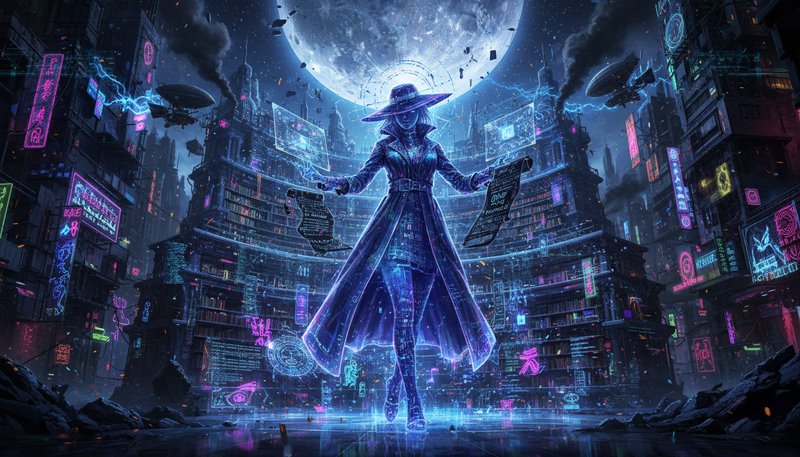 Neon-lit cyberpunk sorceress in a city square with holographic screens and a giant moon behind.