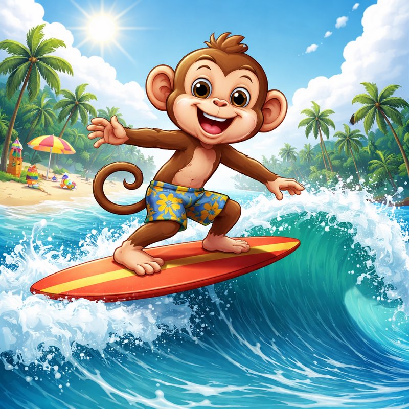 Cartoon monkey surfing on a red board at a sunny tropical beach.