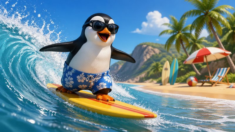 Cartoon penguin wearing sunglasses and blue floral shorts surfing a yellow board on a sunny tropical beach.
