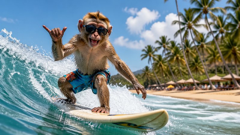 Monkey wearing sunglasses surfing a small wave at a sunny tropical beach