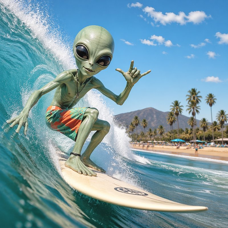 Green alien surfer riding a wave on a tropical beach under a blue sky.