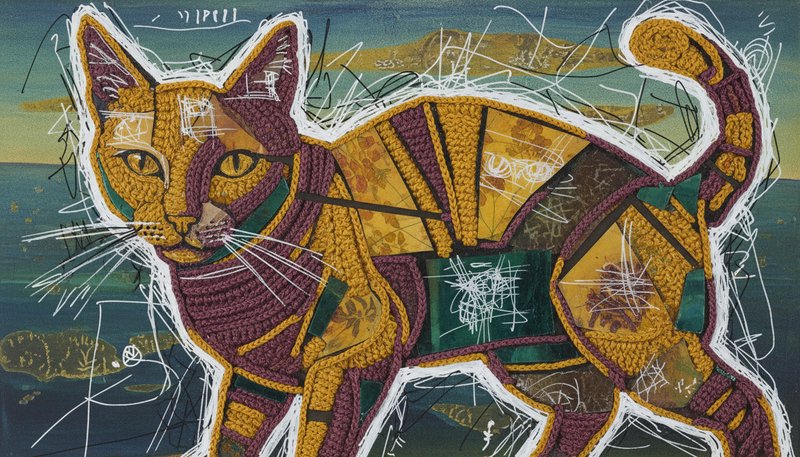 Colorful geometric cat painting with patchwork patterns and white scribble outlines.
