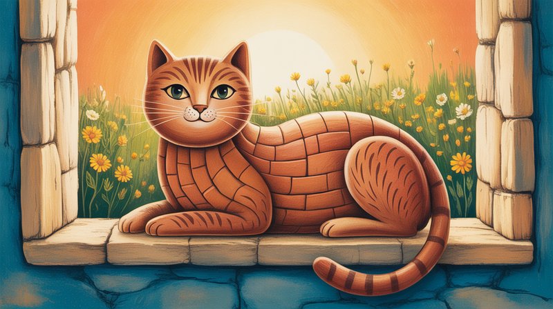 Whimsical orange tabby cat lounging on a stone window sill with a sunset and wildflowers beyond.