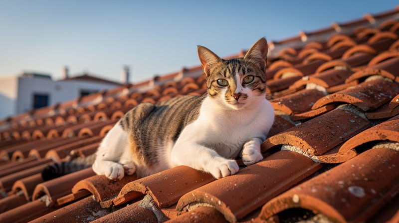 Calico cat lounging on orange terracotta roof tiles under a clear blue sky.