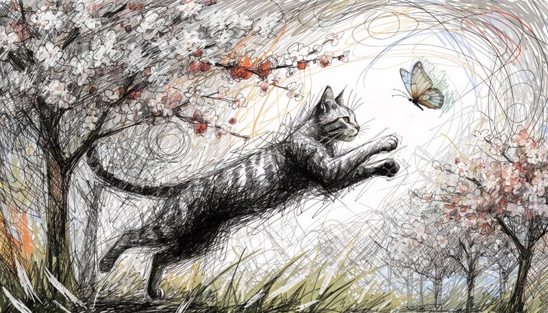 Sketch-style cat leaping toward a butterfly in a blooming spring garden