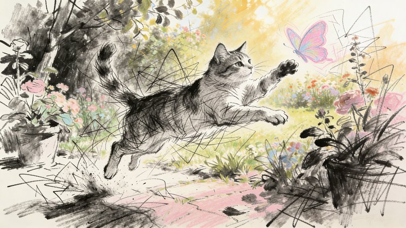 Cat leaping in a colorful garden toward a butterfly