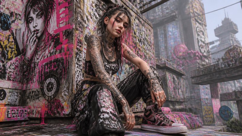 Tattooed woman in a graffiti-covered alley, seated on a colorful spray-painted wall.