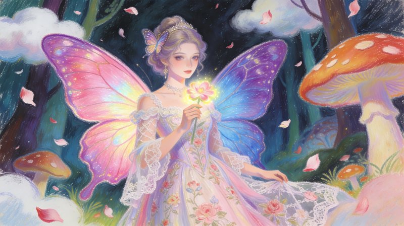Fairy with pastel butterfly wings in a magical forest, holding a glowing flower.