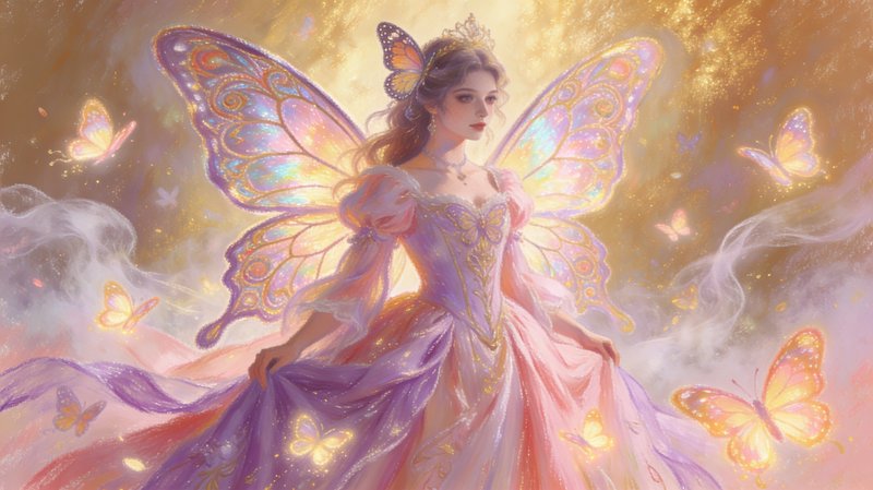 Fairy with iridescent butterfly wings in a pastel pink-lavender gown, surrounded by glowing butterflies.