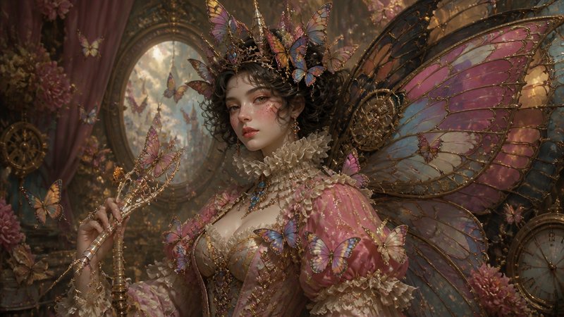Fantasy-inspired woman with butterfly wings in an ornate pink gown and crown of butterflies.