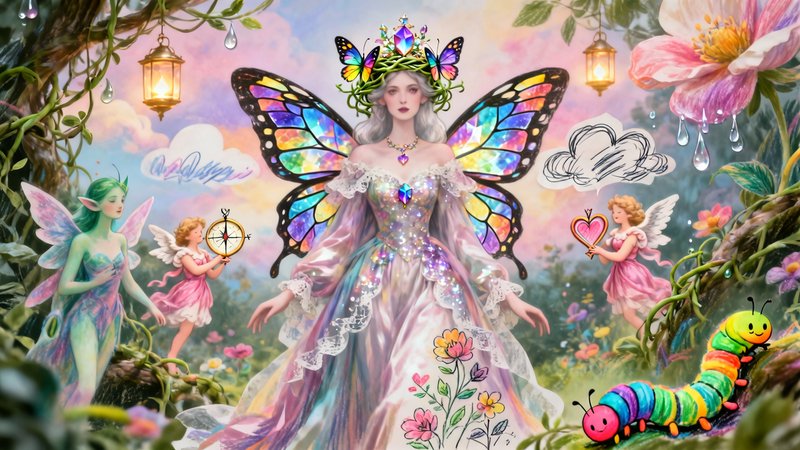 Fantasy fairy queen with iridescent butterfly wings in a colorful enchanted garden.