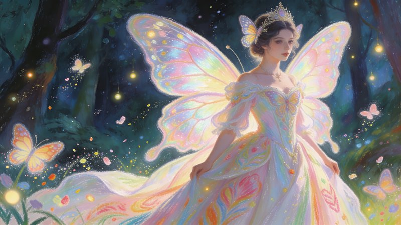 Elegant fairy with pastel butterfly wings in a glowing night forest.