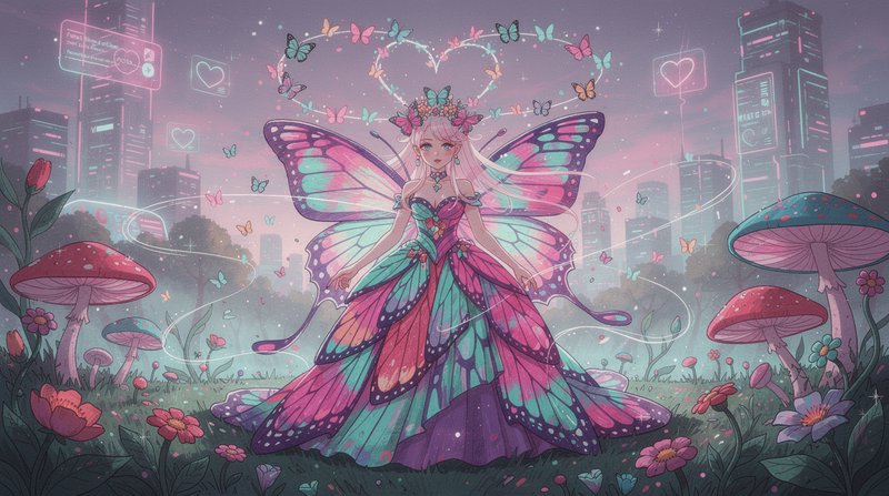 Fairy princess with rainbow butterfly wings in a neon cityscape among giant mushrooms and flowers.