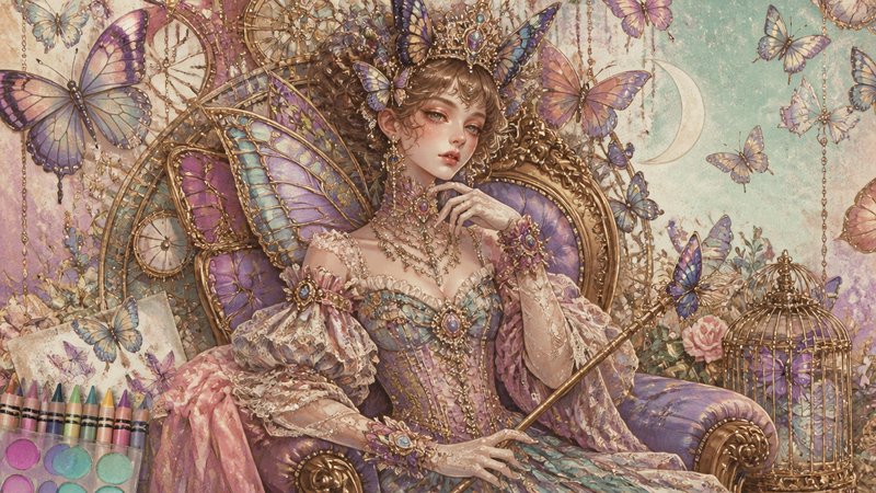 Ornate fantasy princess seated on a gilded throne amid pastel butterflies and intricate jewelry.