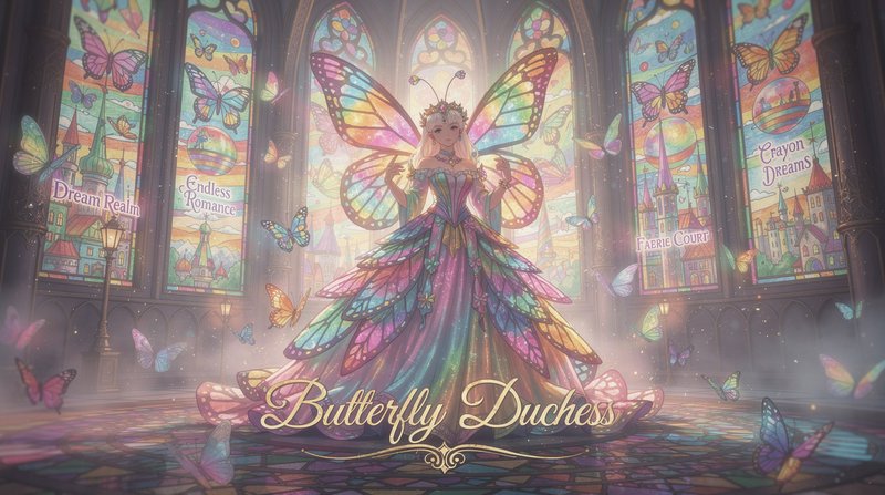 Fairy-tale butterfly duchess in a colorful stained-glass hall with iridescent butterfly-wing gown.