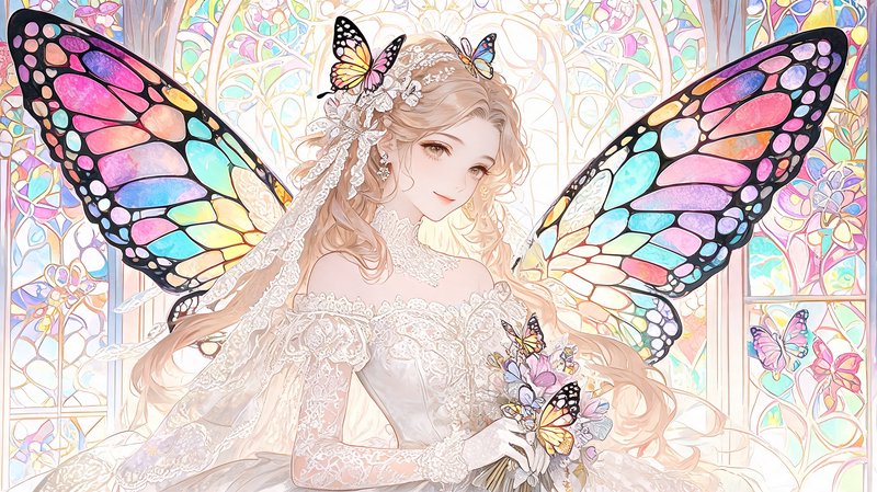 Fantasy illustration of a bride with pastel butterfly wings in a lace wedding dress.