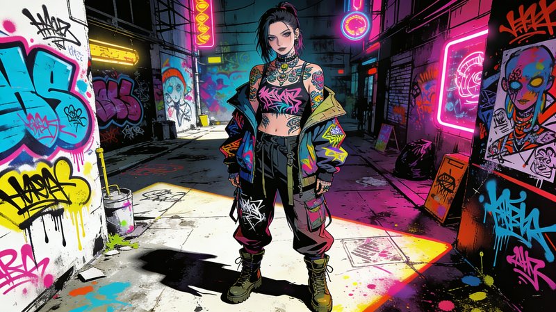 Neon-lit graffiti alley with a punk woman in colorful jacket and combat boots.