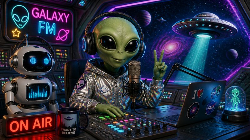 Green alien DJ wearing headphones in a neon-lit space radio studio with a friendly robot on air.