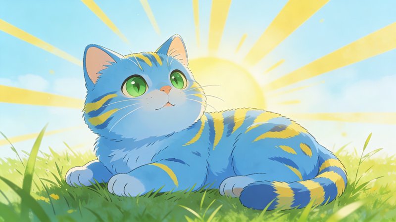 Cute blue striped cat with green eyes lounging on sunlit grassy field.