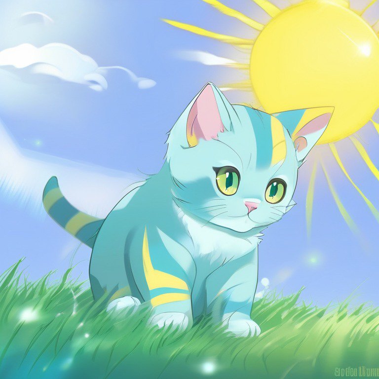 Cute turquoise cat with yellow stripes sits in sunny grassy field.