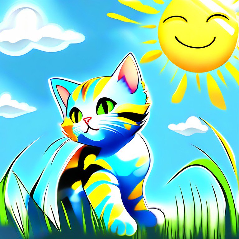 Colorful cartoon cat in a sunny sky with bright sun and fluffy clouds