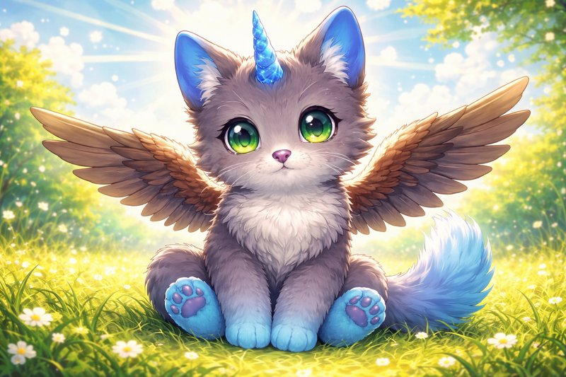 Cute fantasy kitten with blue horn and wings sitting in a sunny meadow