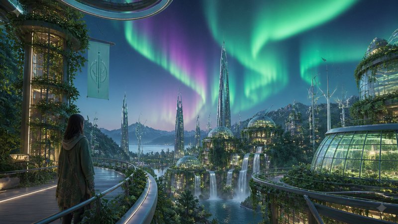 Person stands on an illuminated walkway overlooking a futuristic city with glass domes and waterfalls under vibrant aurora.