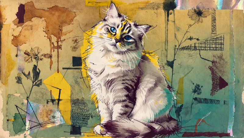 Fluffy cat painting with an abstract geometric background in vibrant colors.