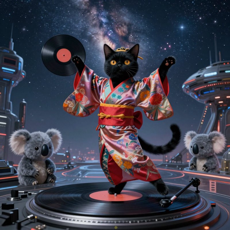 Black cat in a colorful kimono spinning vinyl on a DJ turntable in a futuristic night city.