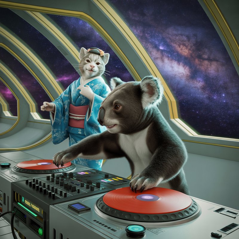 Cat in a blue kimono and a panda DJ spinning red turntables aboard a futuristic spaceship.
