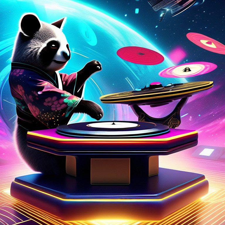 A panda DJ wearing a kimono spins vinyl records on a futuristic turntable with neon discs in a vibrant space scene.