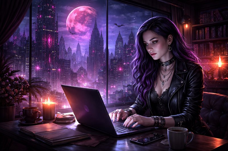 A woman with purple hair in a leather jacket typing on a laptop at a dim cafe with a neon-pink cityscape outside.