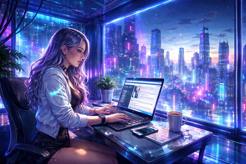 Woman with purple hair typing on a laptop at a glass-walled desk with a neon city skyline.