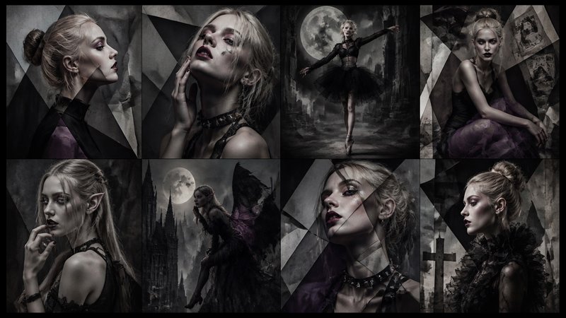 Gothic collage featuring a blonde woman in dramatic makeup within moody, moonlit scenes.