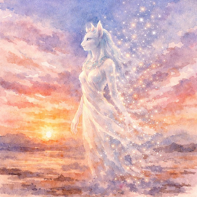 Watercolor fantasy scene of an ethereal unicorn-woman in a flowing gown at sunset.