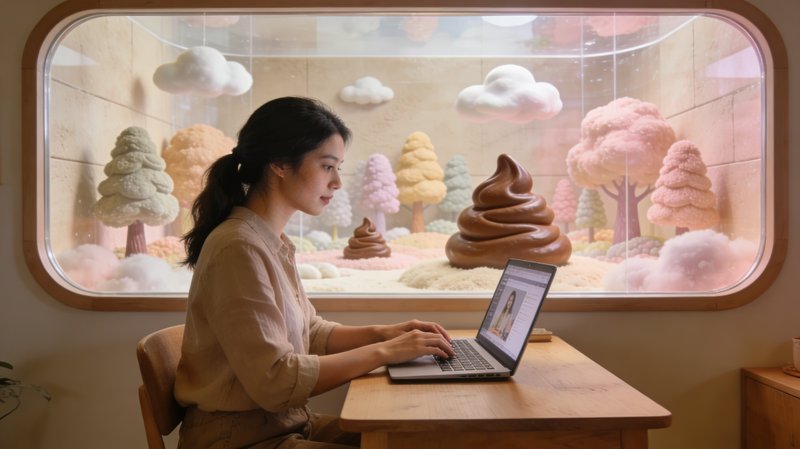 Woman working on a laptop at a wooden table inside a glass-walled room with pastel candy-art trees and clouds in the