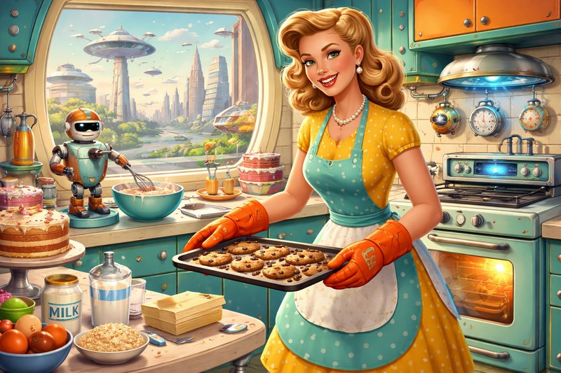 Smiling woman in a yellow teal polka-dot apron bakes cookies in a retro-futuristic kitchen with a small robot helper.