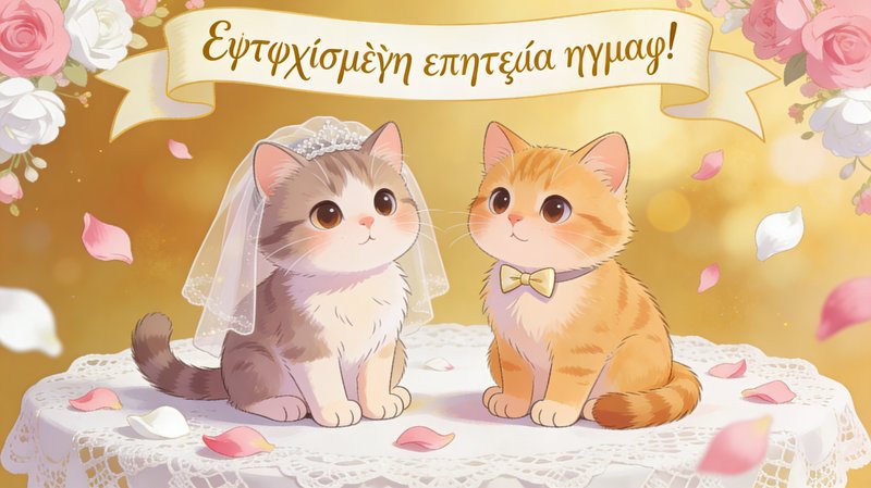 Two adorable kittens in wedding attire sit on a lace-covered table under a floral banner.