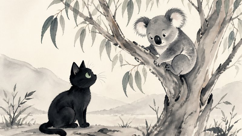 Watercolor illustration of a black cat on the ground looking up at a gray koala in a tree.