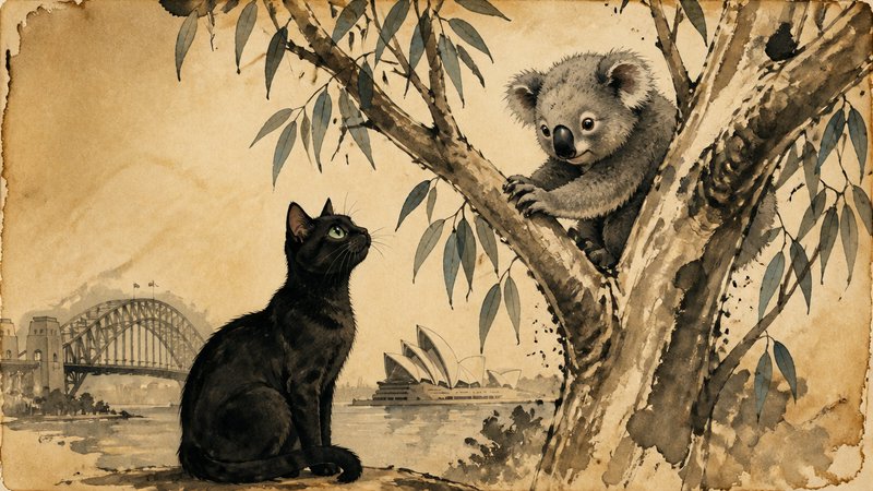 Sepia-toned illustration of a black cat by a tree, koala perched in the branches, with Sydney Harbour Bridge and Opera