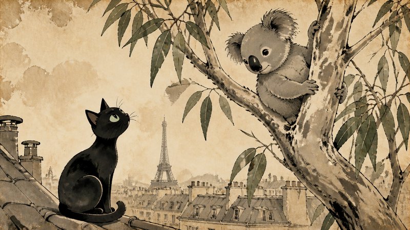 Sepia illustration of a koala in a tree and a black cat on a Paris rooftop with the Eiffel Tower in the distance