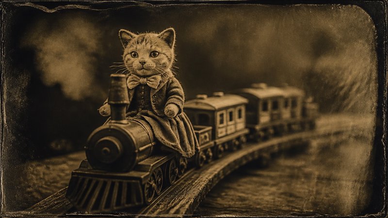 Vintage sepia photo of a cat in a suit riding a toy steam locomotive