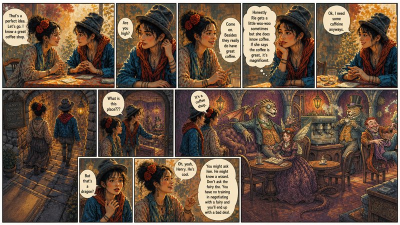 A detailed fantasy comic page showing two women in a cozy cafe chatting, with a dragon and magical patrons in the background.
