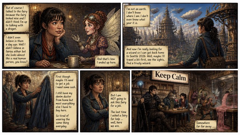 Comic panel illustration of a girl and a fairy in a steampunk cityscape with dialog bubbles and a "Keep Calm" sign.
