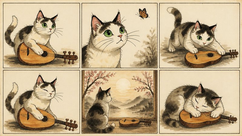 Whimsical cat with a guitar in a six-panel illustration, featuring a butterfly and sunset scene.