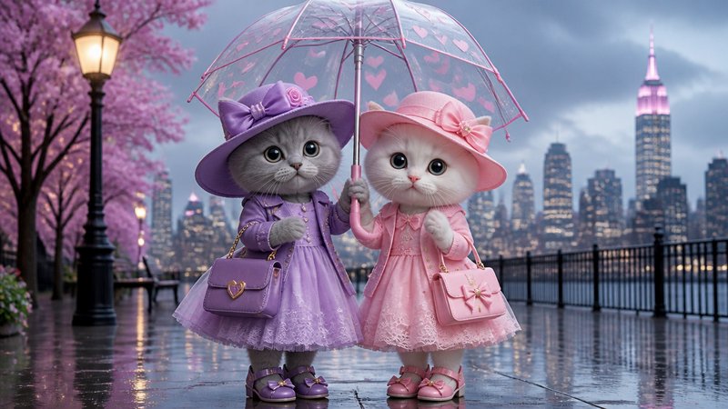 Two adorable kittens in lavender and pink dresses under a clear umbrella on a rainy city promenade.