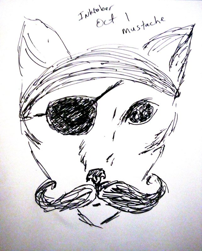 Hand-drawn cat portrait with an eyepatch and curled mustache in ink