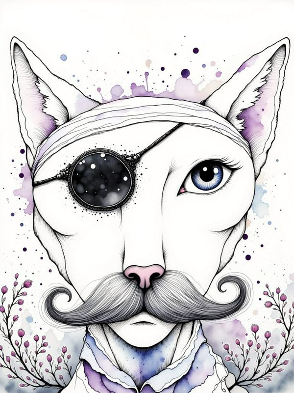 Whimsical white cat portrait with monocle and curled mustache in watercolor style