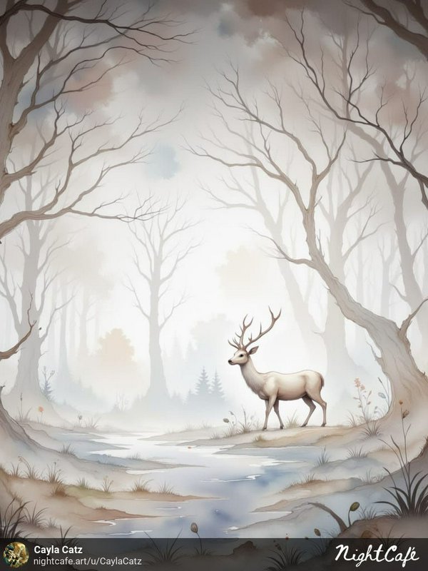 Watercolor-style winter forest scene with a deer standing by a small stream.