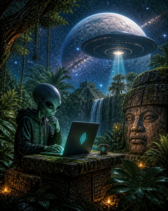 Alien at a laptop in a jungle temple with a UFO overhead under a starry night.
